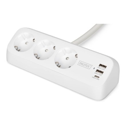 Digitus 3-drożna biurowa listwa zasilająca z 2 złączami USB-A i 1 złączem USB-C, biała