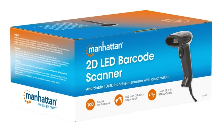 Manhattan 153997 czytnik kodów kreskowych Ręczny czytnik kodów kreskowych 1D/2D LED Czarny