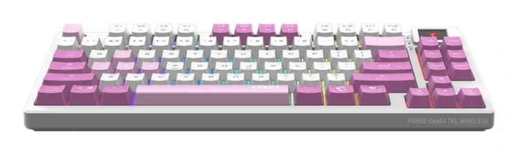 MSI FORGE GK600 TKL WIRELESS VIOLET klawiatura Gaming USB + Bluetooth QWERTY Hiszpański Różowy, Fioletowy, Biały