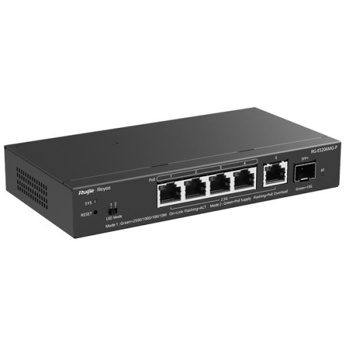 Ruijie Networks RG-ES206MG-P przełącznik sieciowy Zarządzany L2 2.5G Ethernet (100/1000/2500) Obsługa PoE Montaż na biurku/ścianie Czarny