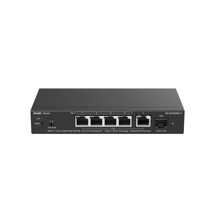 Ruijie Networks RG-ES206MG-P przełącznik sieciowy Zarządzany L2 2.5G Ethernet (100/1000/2500) Obsługa PoE Montaż na biurku/ścianie Czarny