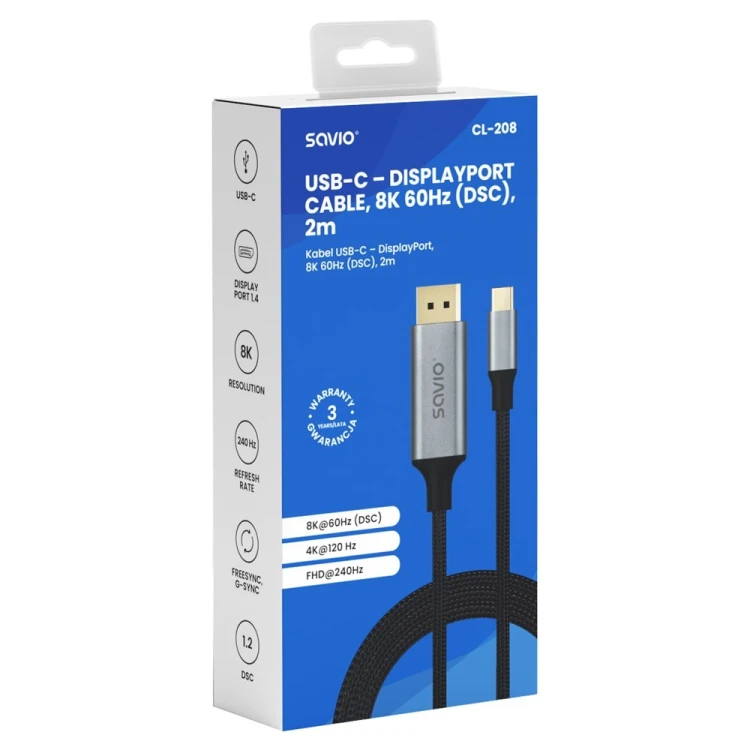 SAVIO KABEL USB-C – DISPLAYPORT 8K 2M 60HZ (DSC) CL-208