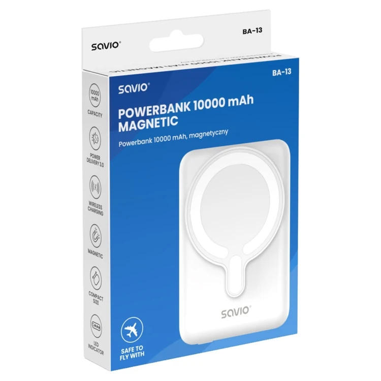 SAVIO POWERBANK 10000 MAH MAGNETYCZNY BIAŁY BA-13