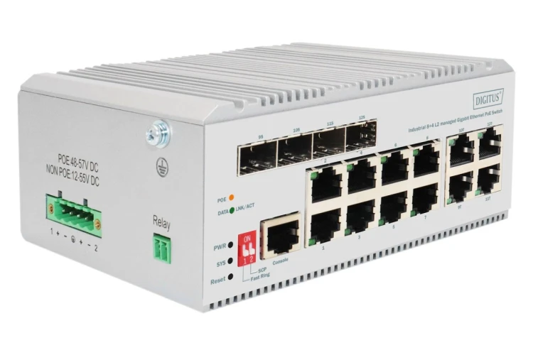 Digitus 8-portowy przełącznik sieciowy Gigabit Ethernet PoE, przemysłowy, zarządzany L2, 4 SFP Uplink