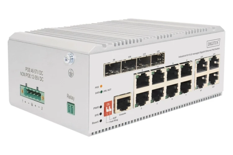 Digitus 8-portowy przełącznik sieciowy Gigabit Ethernet PoE, przemysłowy, zarządzany L2, 4 SFP Uplink