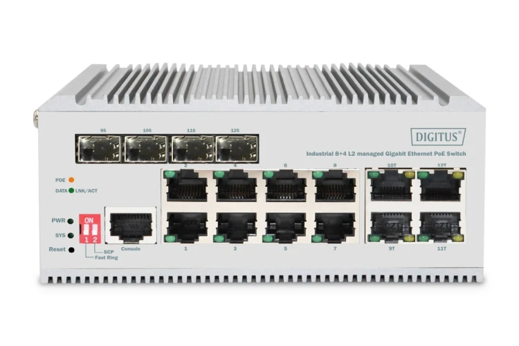Digitus 8-portowy przełącznik sieciowy Gigabit Ethernet PoE, przemysłowy, zarządzany L2, 4 SFP Uplink
