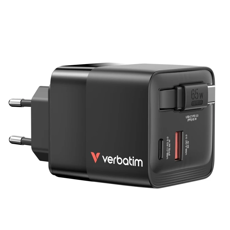 ładowarka Verbatim Gan 65W 2xUSB-C PD,1xUSB-A, retrac. Przewód 32217