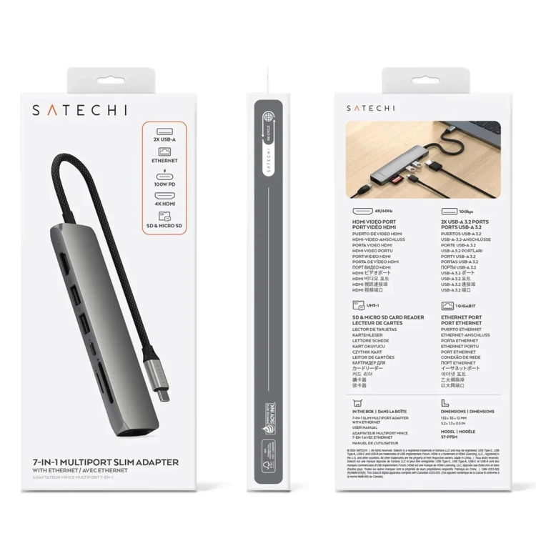 Wieloportowa przejściówka Satechi 7-w-1 USB-C Slim z Ethernetem - gwiezdna szarość