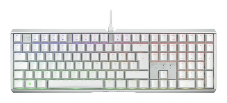 Klawiatura CHERRY XTRFY MX 3.1 - Pełny rozmiar - Podświetlenie - USB-C - QWERTZ - Niemiecki - Przełącznik kluczykowy: CHERRY MX2A Brązowy - biały