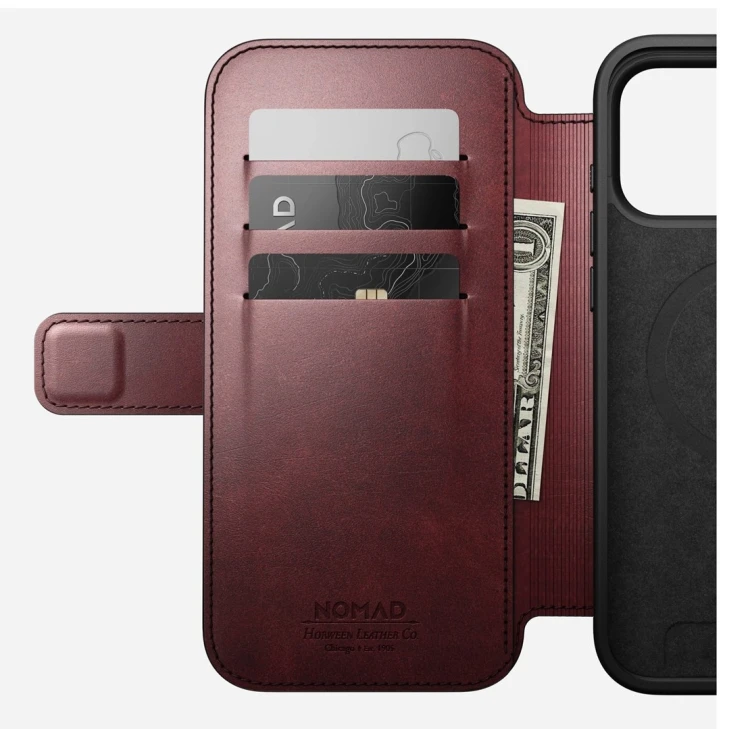 NOMAD Modern Leather Folio - skórzane etui do iPhone 17 Pro Max kompatybilne z MagSafe, skóra Horween (burgundy)