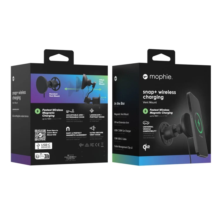 mophie Snap+ Wireless Charging Vent Smartfon Czarny Zapalniczka Bezprzewodowe ładowanie Szybkie ładowanie Automatyczna