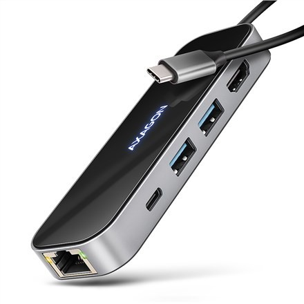 AXAGON HMC-6GLN Hub USB, 2x USB-A, 1x USB-C, 1x HDMI 2.0, 1x RJ45, 100 W PD – srebrny
