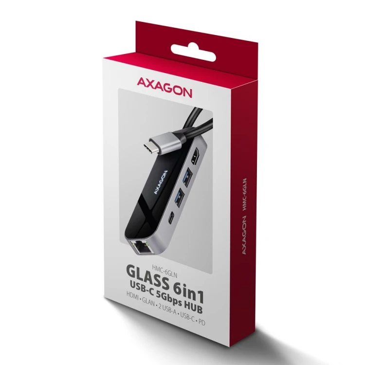 AXAGON HMC-6GLN Hub USB, 2x USB-A, 1x USB-C, 1x HDMI 2.0, 1x RJ45, 100 W PD – srebrny