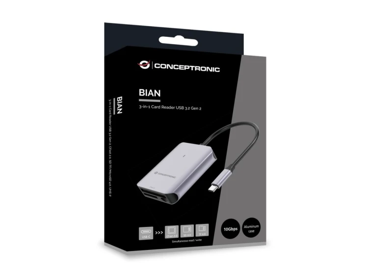 Conceptronic BIAN09G czytnik kart USB 3.2 Gen 2 Type-C Szary