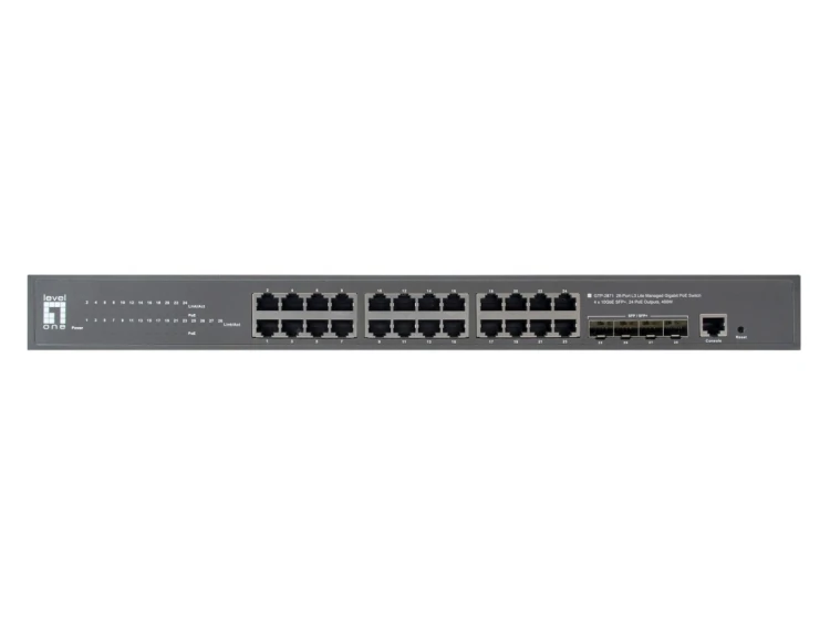 Zarządzalny przełącznik PoE+ LevelOne GB/L3 28-portowy 19" 400W 10Gbps