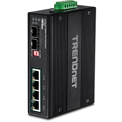 Przełącznik TRENDnet TI-UPG62 - Niezarządzalny - 4 x 10/100/1000 (PoE+) + 2 x Gigabit SFP - Możliwość montażu na szynie DIN, Montaż na ścianie - PoE+