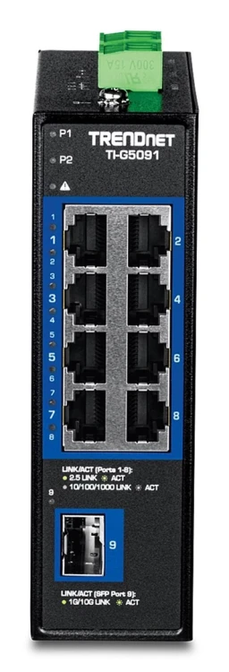 9-portowy przemysłowy przełącznik przemysłowy 2,5G na szynę DIN TRENDnet z 10G SFP