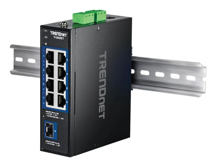 9-portowy przemysłowy przełącznik przemysłowy 2,5G na szynę DIN TRENDnet z 10G SFP