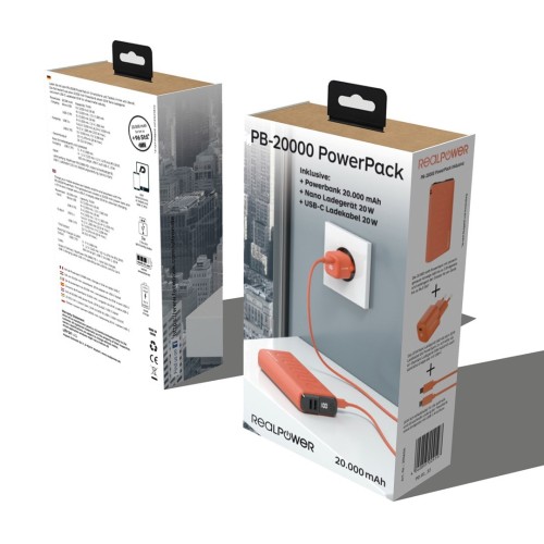 Powerbank RealPower Powerbank PB-20000 Zestaw pomarańczowy 20.000mAh