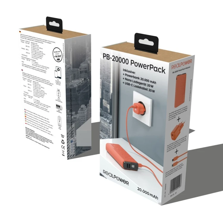 Powerbank RealPower Powerbank PB-20000 Zestaw pomarańczowy 20.000mAh