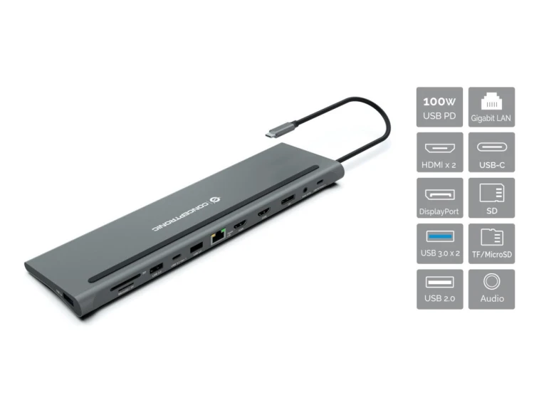 Stacja dokująca CONCEPTRONIC 12-1 USB-C->2xHDMI/3xUSB-A/DP/+ 18cm gr