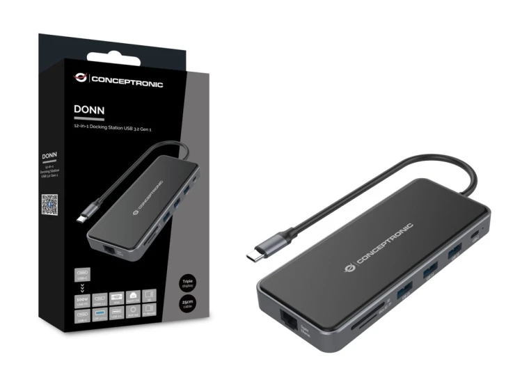 Conceptronic DONN15G - Stacja dokująca - USB-C 3.2 Gen 1 - VGA, 2 x HDMI - GigE