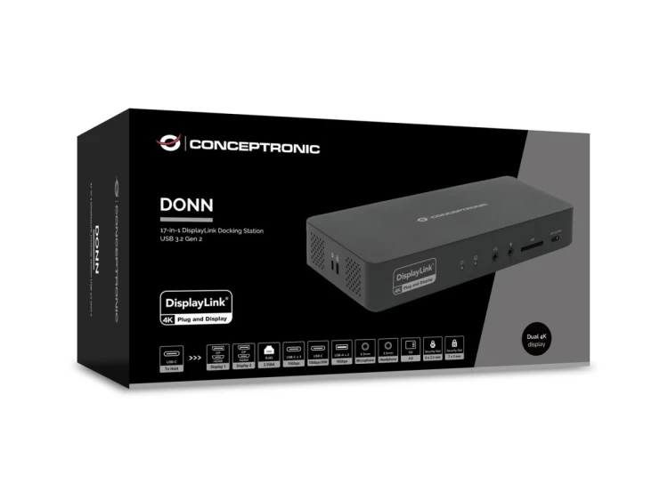 Stacja dokująca Conceptronic 17-1 USB-C->HDMI DP 4K/60Hz GbE USB-C bk