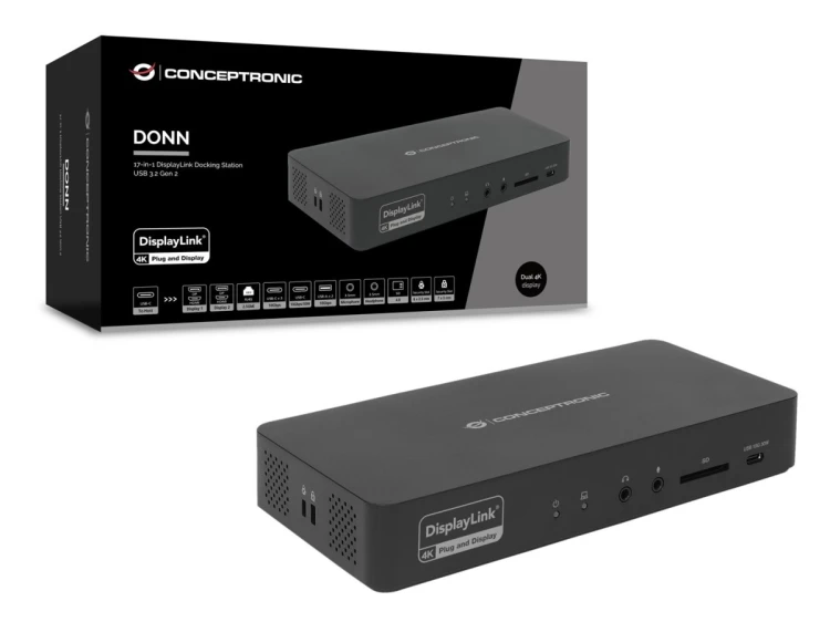 Stacja dokująca Conceptronic 17-1 USB-C->HDMI DP 4K/60Hz GbE USB-C bk