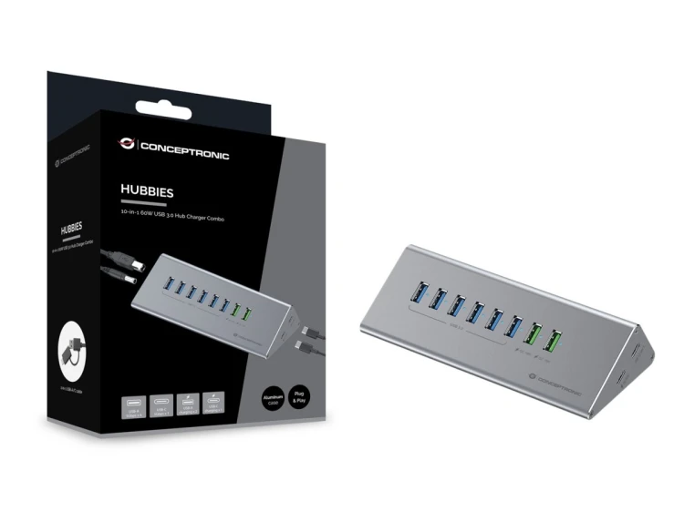 CONCEPTRONIC 10-portowy koncentrator USB-A3.0/-C Adapter -> 6xA3.0+m.Netz. Gr