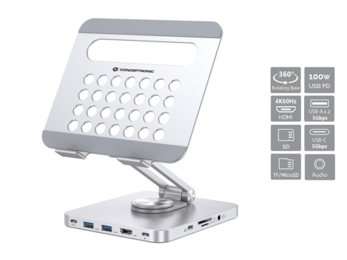 Uchwyt na tablet CONCEPTRONIC ze stacją dokującą 8 w 1 srebrny