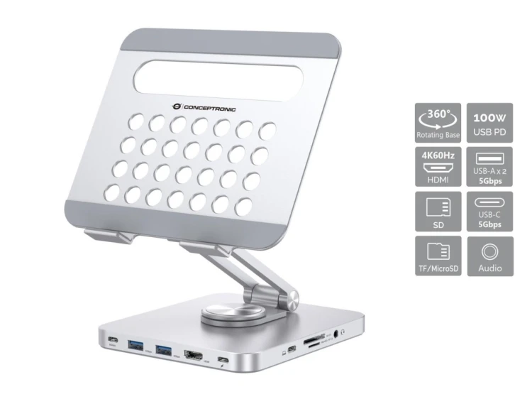 Uchwyt na tablet CONCEPTRONIC ze stacją dokującą 8 w 1 srebrny