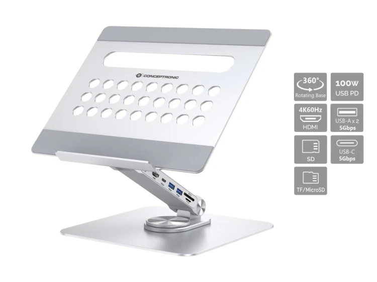 CONCEPTRONIC Uchwyt na laptopa ze stacją dokującą 7 w 1 srebrny
