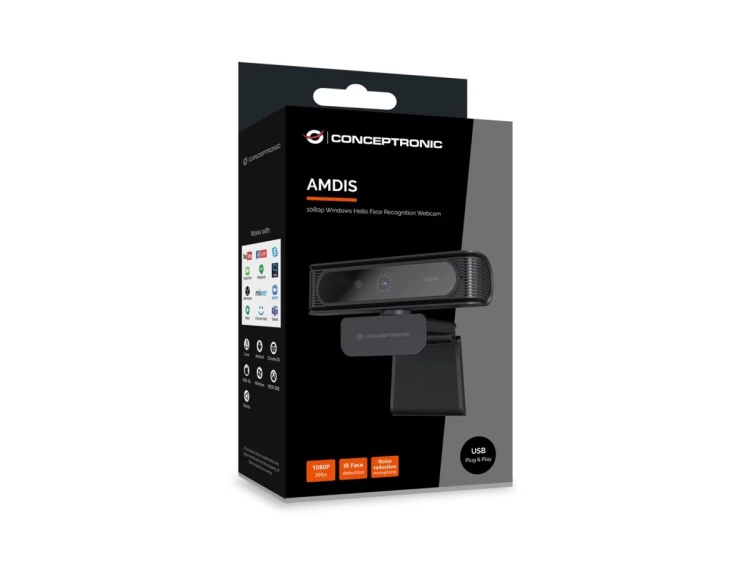 CONCEPTRONIC Kamera internetowa USB-A2.0 80° 1080P/30Hz FullHD + Mikrofon czarno-biały