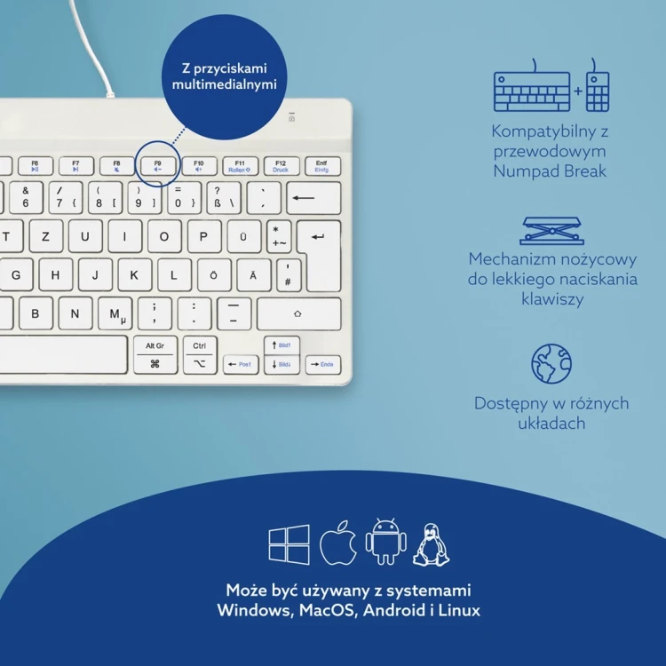R-Go Tools Ergonomiczna R-Go Compact Break klawiatura, z oprogramowaniem do robienia przerw, QWERTZ (DE), przewodowa, biała