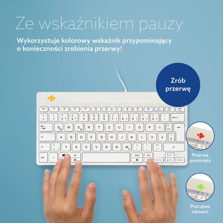R-Go Tools Ergonomiczna R-Go Compact Break klawiatura, z oprogramowaniem do robienia przerw, QWERTZ (DE), przewodowa, biała