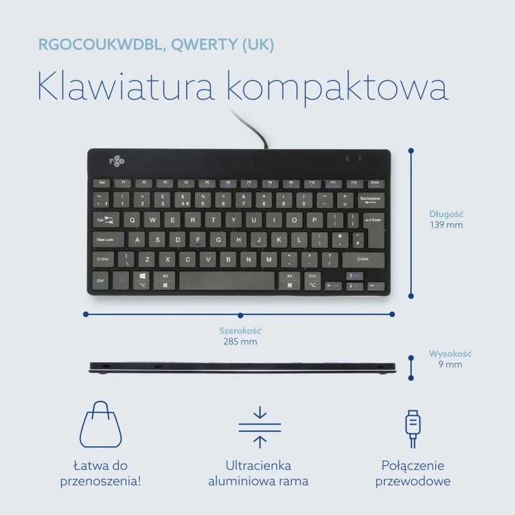 R-Go Tools Ergonomiczna R-Go Compact Break klawiatura, z oprogramowaniem do robienia przerw, QWERTY (UK), przewodowa, czarna