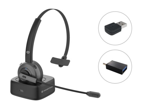 Conceptronic POLONA03BDA słuchawki/zestaw słuchawkowy Bezprzewodowy Opaska na głowę Biuro/centrum telefoniczne Bluetooth Podstawka do ładowania Czarny