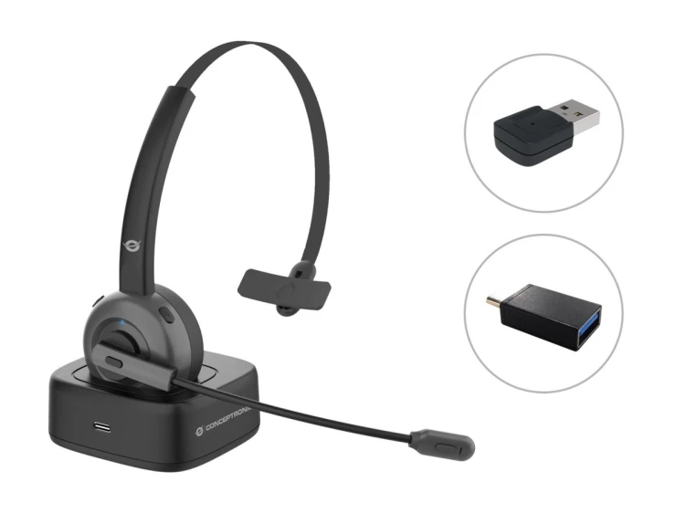 Conceptronic POLONA03BDA słuchawki/zestaw słuchawkowy Bezprzewodowy Opaska na głowę Biuro/centrum telefoniczne Bluetooth Podstawka do ładowania Czarny