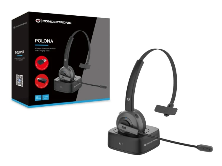 Conceptronic POLONA03BDA słuchawki/zestaw słuchawkowy Bezprzewodowy Opaska na głowę Biuro/centrum telefoniczne Bluetooth Podstawka do ładowania Czarny