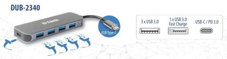 D-Link DUB-2340 huby i koncentratory USB Type-C 5000 Mbit/s Szary