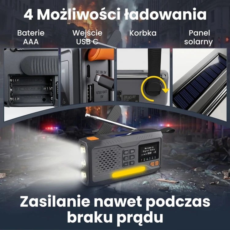 Extralink RADIO AWARYJNE BLUETOOTH SOLARNE Z KORBKA DYNAMO POWERBANK 4000MAH Z LATARKA SOS BT-4000 Przenośny Analogowe i cyfrowe Czarny, Pomarańczowy