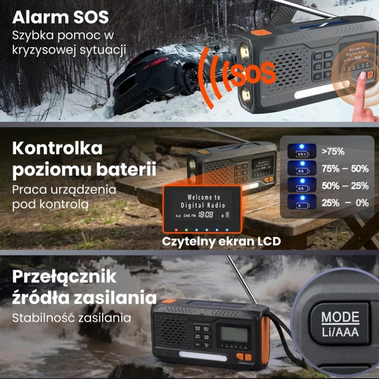 Extralink RADIO AWARYJNE BLUETOOTH SOLARNE Z KORBKA DYNAMO POWERBANK 4000MAH Z LATARKA SOS BT-4000 Przenośny Analogowe i cyfrowe Czarny, Pomarańczowy