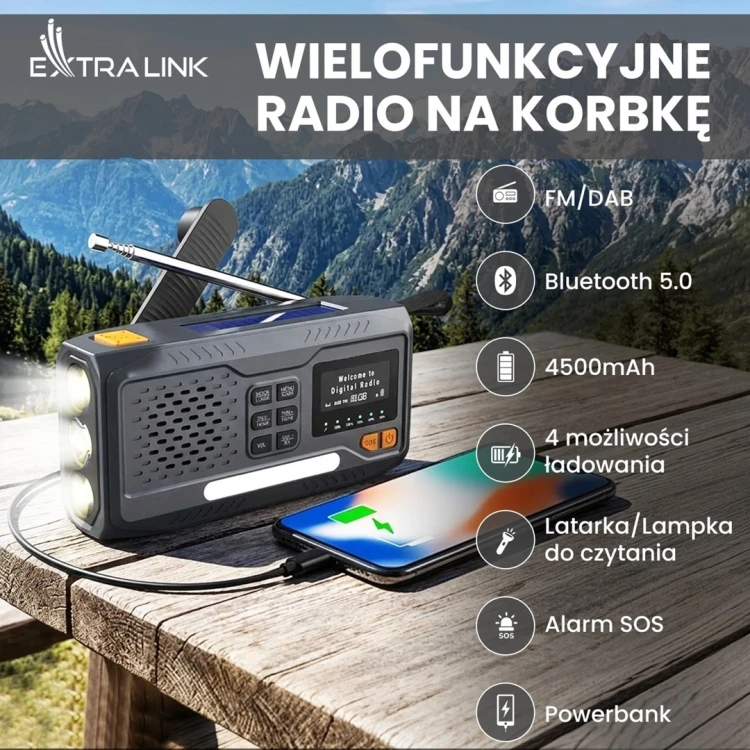 Extralink RADIO AWARYJNE BLUETOOTH SOLARNE Z KORBKA DYNAMO POWERBANK 4000MAH Z LATARKA SOS BT-4000 Przenośny Analogowe i cyfrowe Czarny, Pomarańczowy