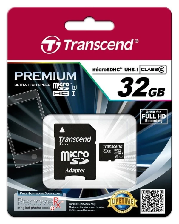 SD microSD Card  32GB Transcend SDHC UHS1 w/adapter