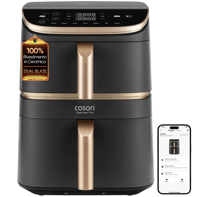 Cosori Turbo Tower Pro Smart Pojedyńczy 10,8 l Autonomiczny 2630 W Frytkownica na gorące powietrze Czarny, Złoto