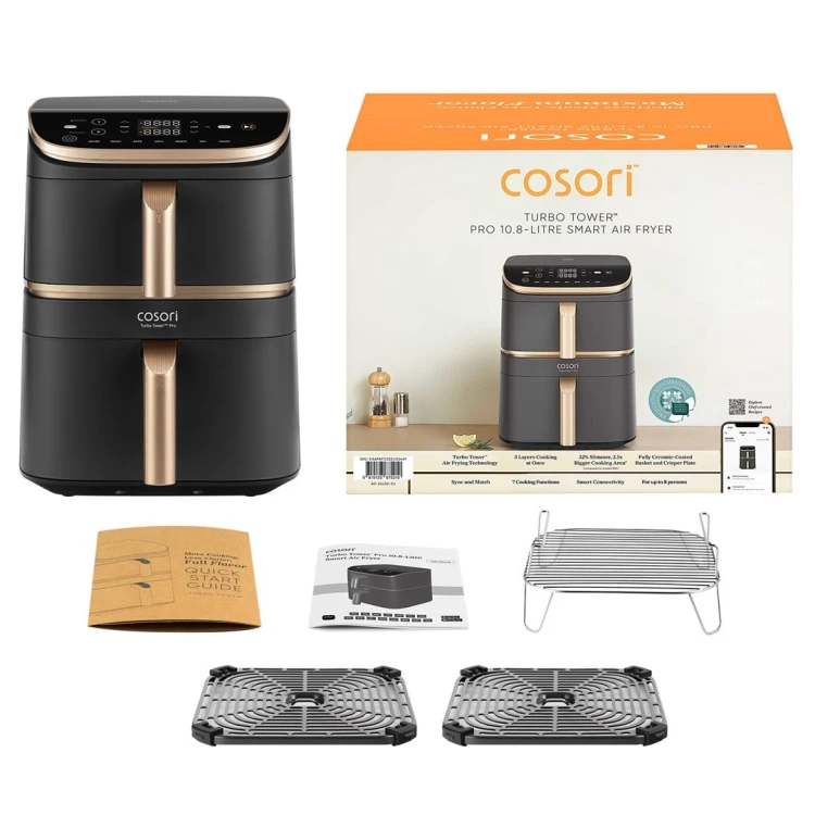 Cosori Turbo Tower Pro Smart Pojedyńczy 10,8 l Autonomiczny 2630 W Frytkownica na gorące powietrze Czarny, Złoto