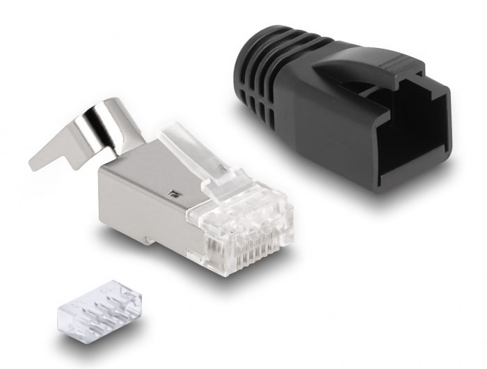 DeLOCK Wtyczka modułowa RJ45 z odgiętką, Cat.6A, Cat.7 i nasadki przeciwzagięciowe, zestaw 25 sztuk