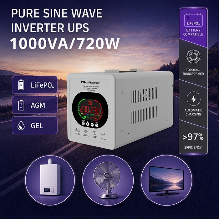 UPS Qoltec 50451 Pure Sine Wave 1000VA/720W Przetwornica 12/230V z AVR | LCD | LiFePO4 AGM GEL