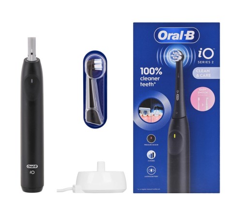 Elektryczna szczoteczka do zębów Oral-B iO2, z czujnikiem nacisku, akumulatorowa, dla dorosłych, 1 główka szczoteczki, 3 tryby szczotkowania, czarna