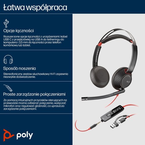 Poly Blackwire 5220 Stereo USB-C Headset +3.5mm Plug +USB-C/A Adapter
